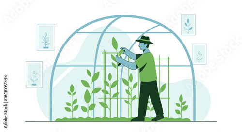 Illustration of a man tending to plants in a greenhouse, emphasizing sustainable agriculture and gardening practices