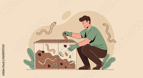 Illustration of a man using vermicomposting with worms in a container for compost production