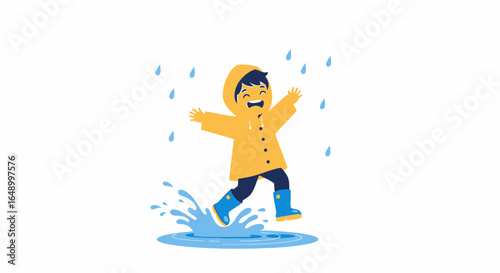 Joyful Youngster Splashing in Puddles During Rainy Day Outdoors Scene