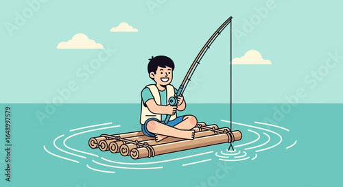 Joyful Youthful Fisher Boy Enjoying Fishing On A Bamboo Raft Calm Waters
