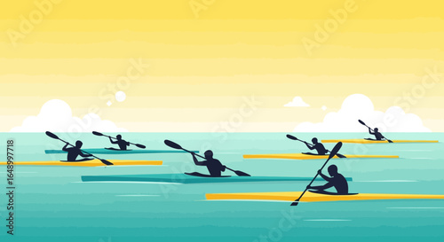 Kayaking Competition Silhouette Illustration On Peaceful Water Under Sky