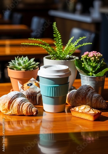 Breakfast pastries, coffee cup, and plants on a wooden table