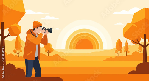 Illustration of a photographer capturing the vibrant sunset landscape in autumn season