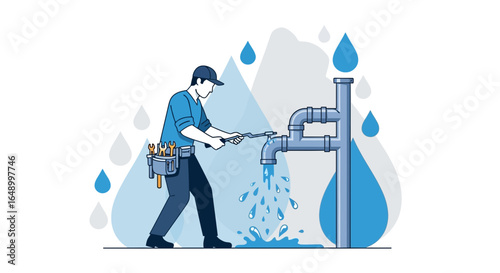 Illustration of a plumber repairing a leaky faucet with tools in a toolkit