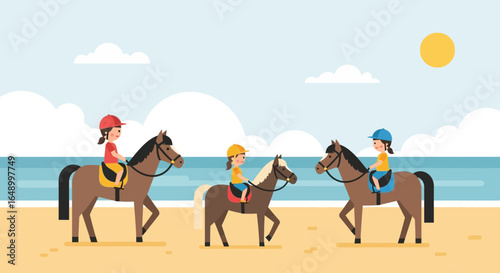 Kids Enjoying Horseback Riding On The Beach Under The Sunny Sky
