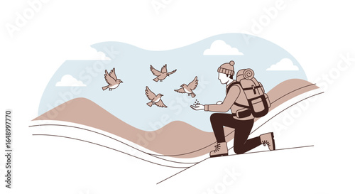 Kind Hiker Feeding Birds on Snowy Mountainside During a Winter Trek