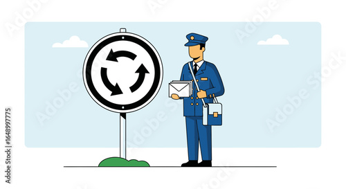 Illustration Of A Postman Standing By A Traffic Roundabout Sign Holding Mails