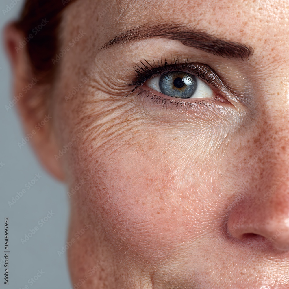Naklejka premium Realistic Adult Female Face Showing Fine Lines And Wrinkles Under The Eyes, With Visible Skin Texture And Natural Pigmentation. Soft Daylight Lighting Enhances Realism And Subtle Shadows. Neutral 
