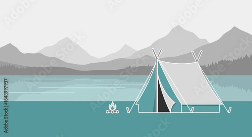 Lake Side Camping With Tent Against Mountain Range in Vector Art