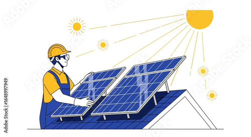 Illustration of a solar panel installer on a roof with sun shining brightly advocating renewable energy