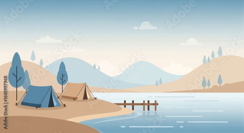 Lakeside Camping Adventure Under a Serene Blue Sky Peaceful Vacation