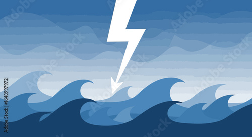 Illustration of a Stormy Sea with Waves and a Lightning Strike, depicting severe weather