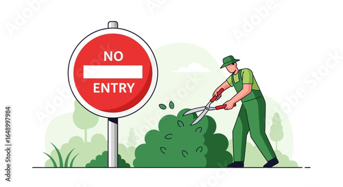 Landscaper Trimming Hedges Near A Forbidden Area Concept Illustration