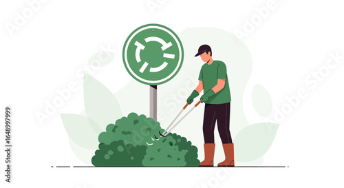 Landscaping Professional Trimming Green Bushes At Roundabout With Manual Tools
