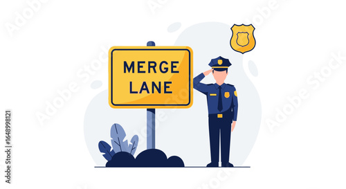 Law Enforcement Officer Ensuring Safety At Roadside Merge Lane Ahead Sign