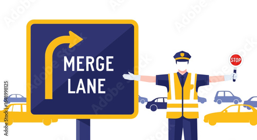 Illustration Of A Traffic Officer Near The Merge Lane Sign With Cars
