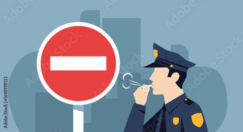 Law Enforcement Officer Enforcing Rules Near a Restricted Area Road Sign