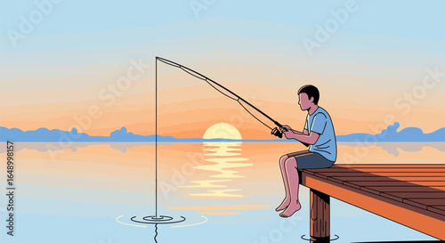 Illustration of a tranquil fishing scene at sunset on a wooden pier by the lake