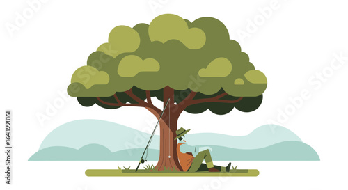 Lazy Afternoon Fishing In The Countryside With Large Shady Tree Minimalistic Style