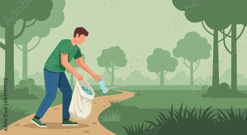 Illustration of a volunteer man picking up trash in a park to maintain cleanliness and environmental care