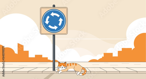 Lazy Cat Relaxing Near Road Roundabout Sign At City Street Landscape