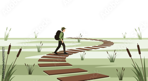 Illustration of a traveler with backpack walking across a stepping stone path in nature journey exploration and adventure in a serene environment