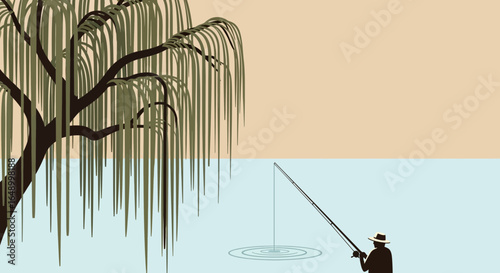 Lazy Day Fishing Under Willow Tree Silhouette For Tranquility Moments