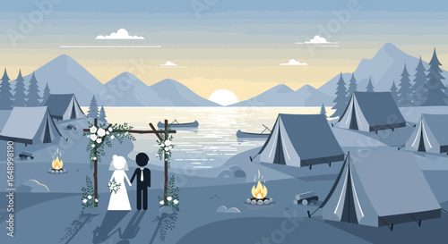Illustration of a wedding ceremony at a campsite with tents and a beautiful lake view