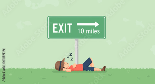 Lazy Boy Sleeping Next To Exit Sign With Arrow On Nature Background