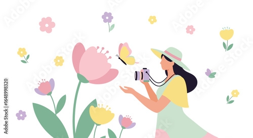 Illustration of a woman photographing nature in a garden full of flowers and butterflies perfect for spring promotions and nature themed designs
