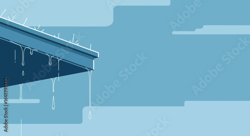 Leaky Gutter Illustration After Rain With Water Droplets In Blue Style