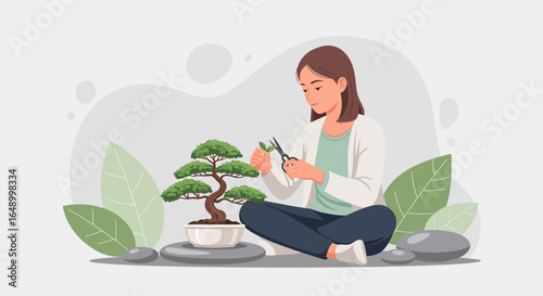 Illustration of a woman pruning bonsai tree as a relaxing hobby activity at home