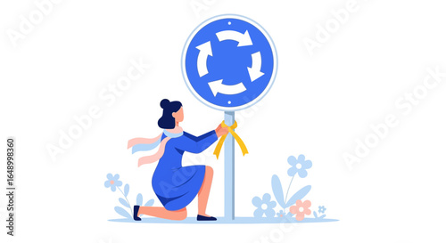 Illustration Of A Woman Tying A Yellow Ribbon Around A Roundabout Sign