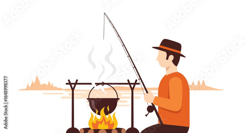 Leisurely Angler By The Campfire Under Peaceful Countryside Scenery
