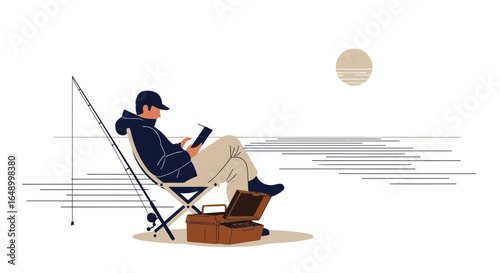 Leisurely Angler Relaxing By The Shoreline With A Book And Fishing Gear