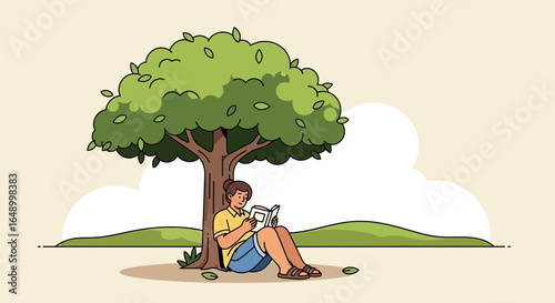 Illustration of a woman reading under a tree in a peaceful outdoor setting portraying relaxation and enjoying nature