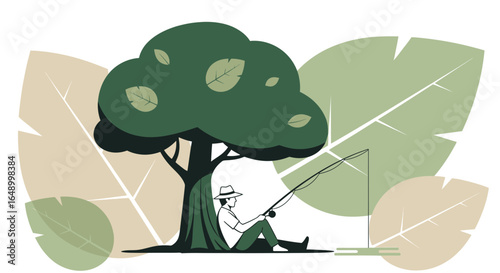 Leisurely Angler Under a Tree Serene Outdoor Recreation Illustration Calm Fishing Day