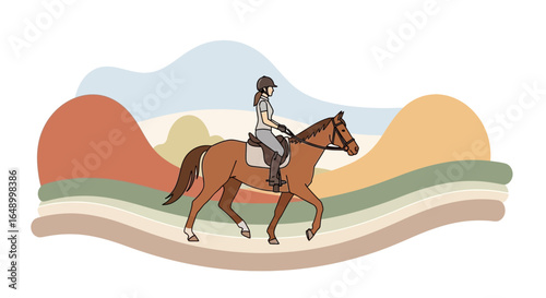 Illustration of a woman riding a horse with a colorful mountain backdrop showing horsemanship and nature exploration