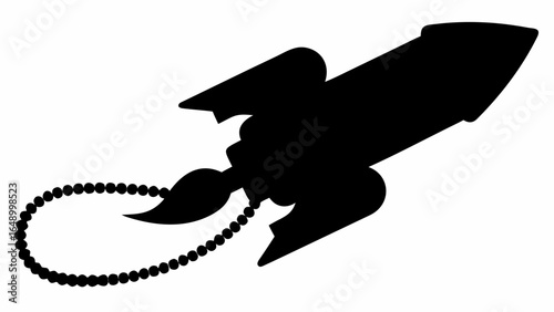 Silhouette of a rocket with fins and a beaded chain trailing behind it against a white background space theme