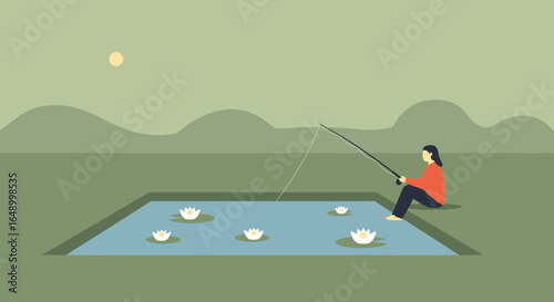 Leisurely Pursuits A Woman Enjoys Fishing by A Lily Pond on A Calm Day