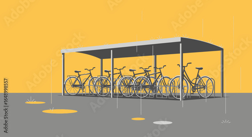 Illustration of bicycles parked under a shelter on a rainy day in minimalist style