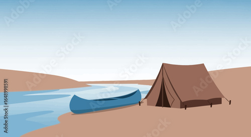 Illustration of camping scene with tent and canoe by a calm river idyllic view