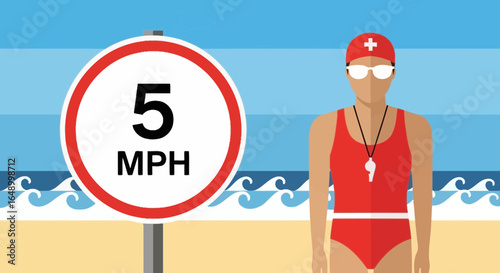 Lifeguard Supervising Beachgoers With Speed Limit Safety Awareness Illustration