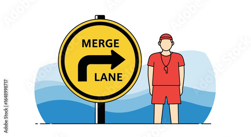 Lifeguard Supervising The Water With A Merge Lane Sign For Swimmers