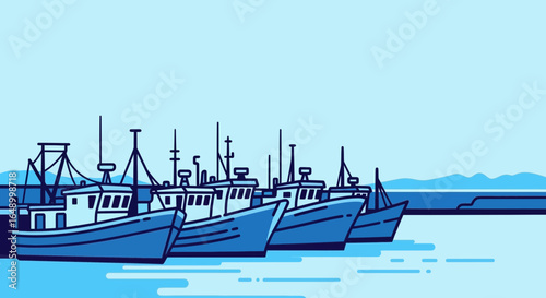 Illustration Of Commercial Fishing Boats Docked In Calm Blue Waters Near The Coast