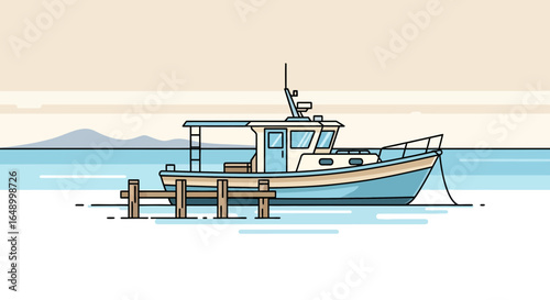 Light Blue Fishing Boat Docked At Wooden Pier Near Hilly Coastline