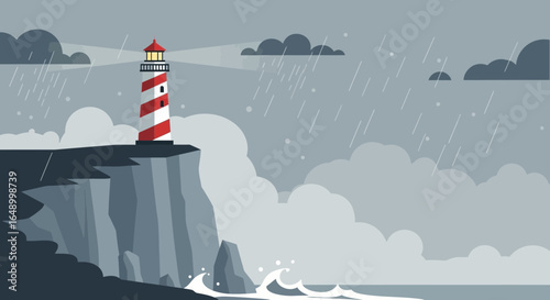 Lighthouse Beacon Guiding Through Stormy Weather on Coastal Cliff