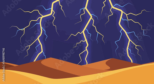 Illustration Of Desert Dunes Under A Dramatic Lightning Filled Sky Background