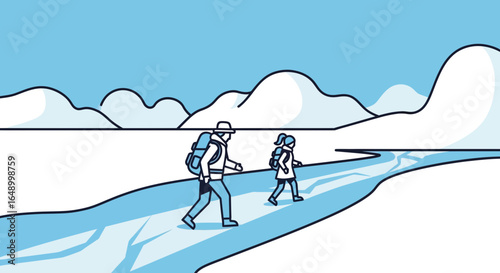Illustration of father and daughter hiking in a snowy mountainous landscape scene
