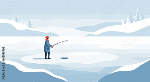 Illustration of ice fishing on a frozen lake with snowy landscape background minimalist and modern design style winter outdoor recreation